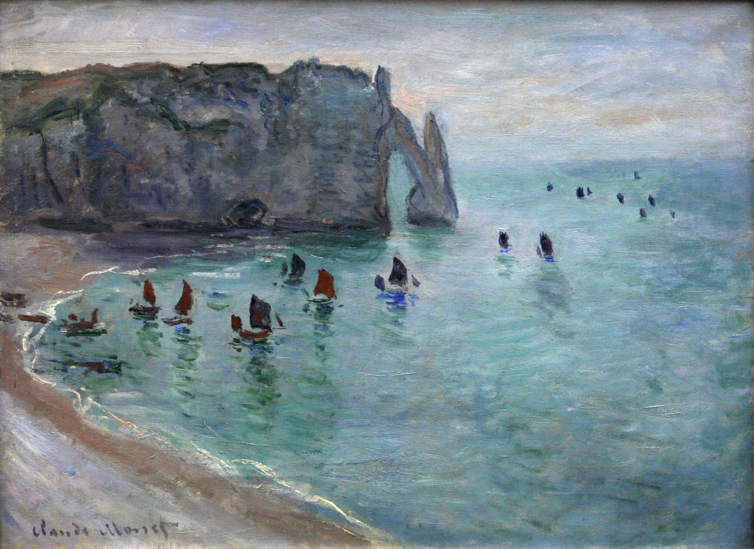 Etretat the Aval Door Fishing Boats Leaving the Harbour (1885) - Claude Monet Tablo