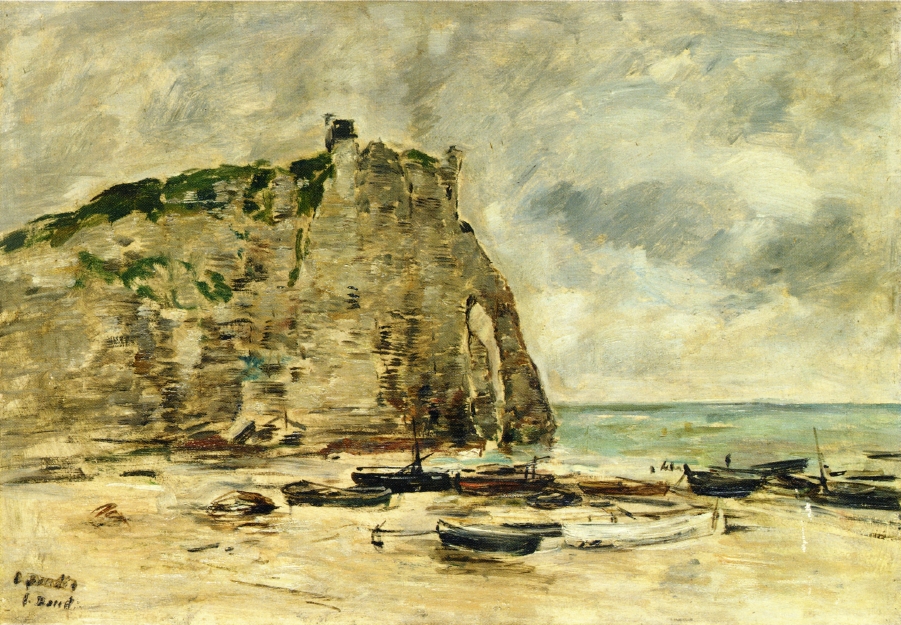 Etretat, Beached Boats and the Cliff of Aval (1892) - Eugène Boudin Tablo