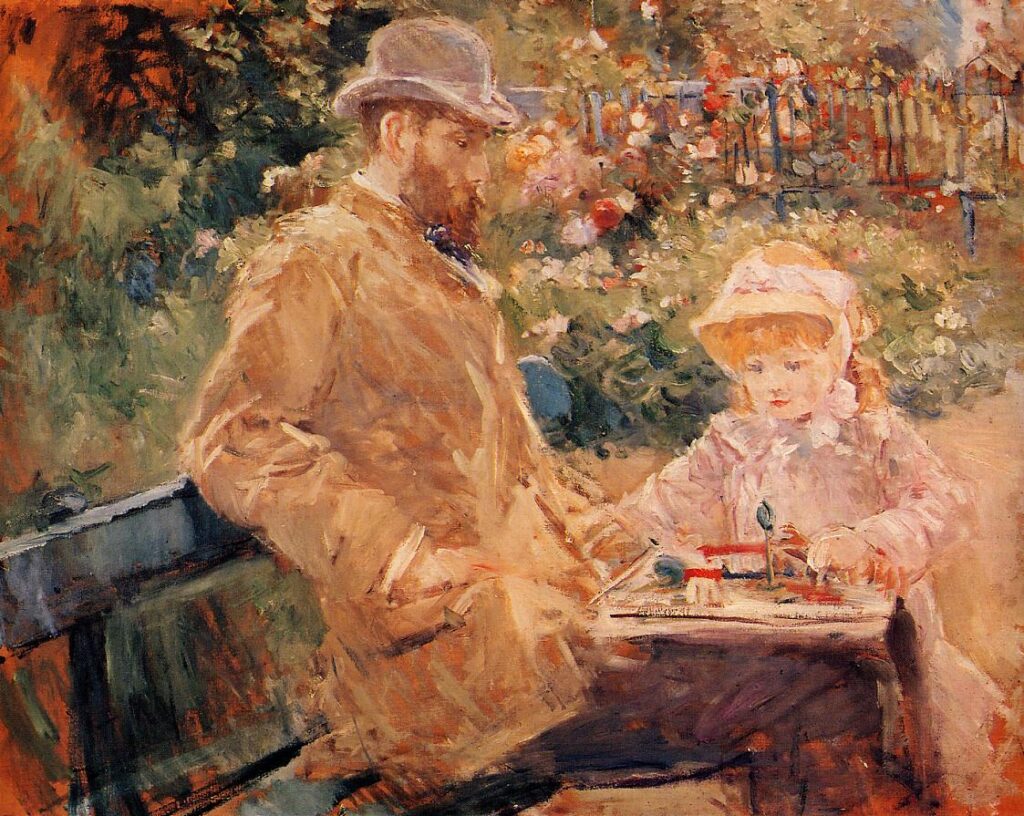 Eugene Manet with his daughter at Bougival (1881) - Berthe Morisot Tablo