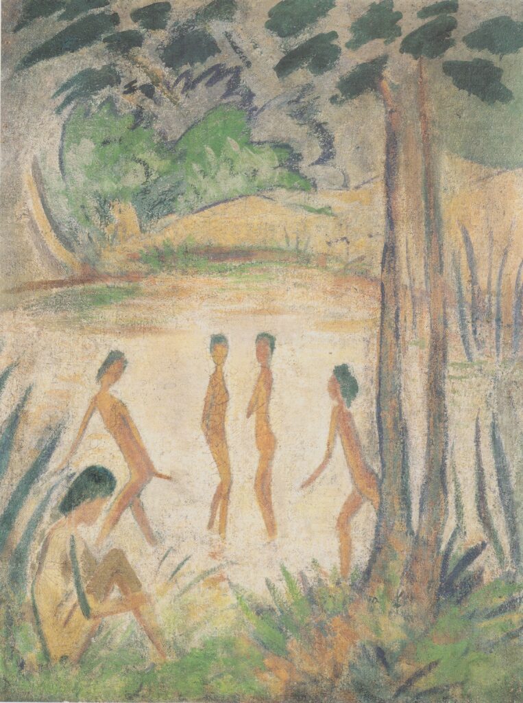 Fünf Badende in Seenlandschaft (1918) - Otto Mueller Tablo