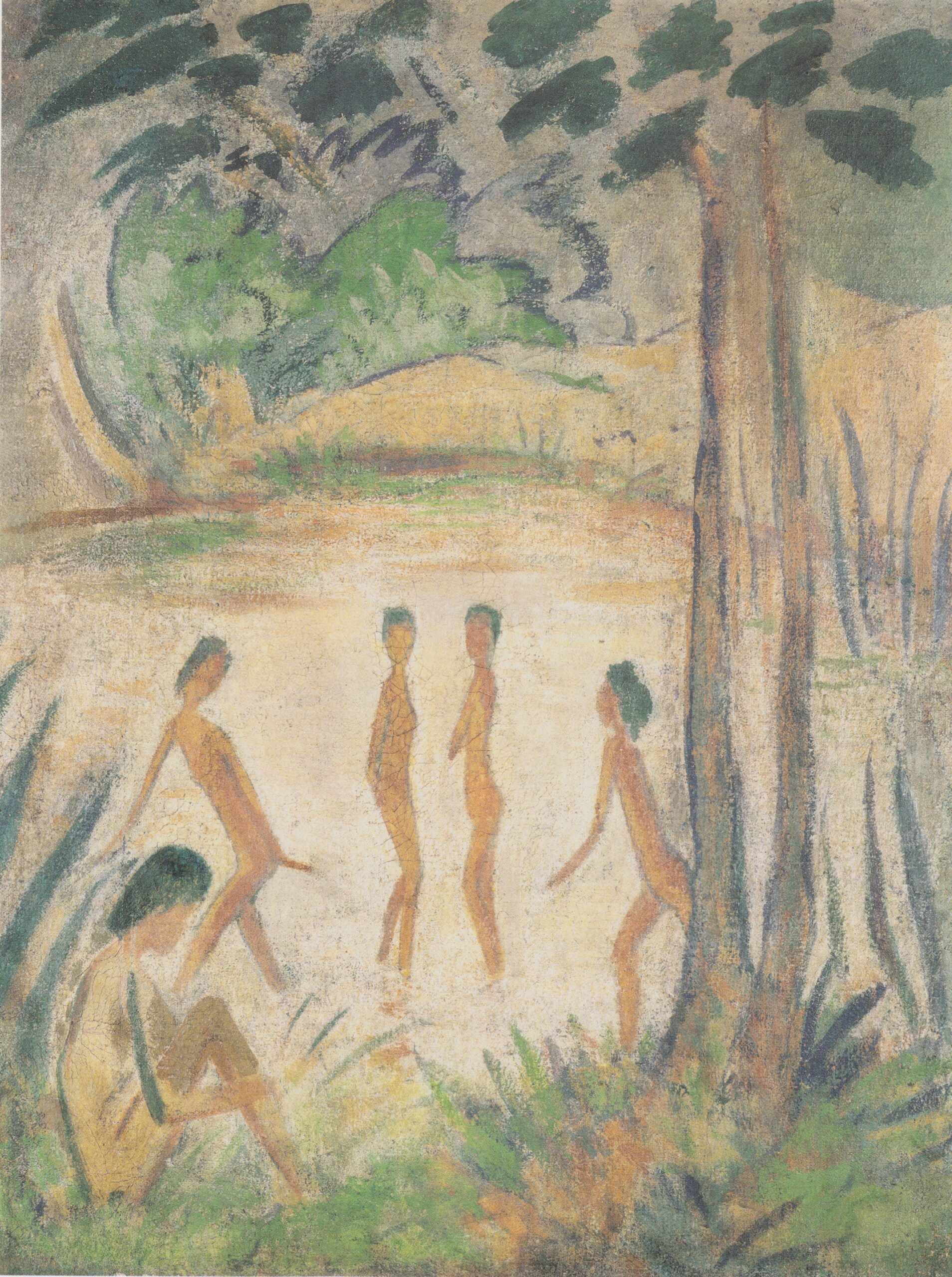 Fünf Badende in Seenlandschaft (1918) - Otto Mueller Tablo