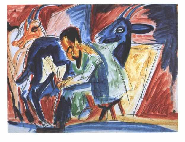 Farmer Milking a Goat - Ernst Ludwig Kirchner Tablo