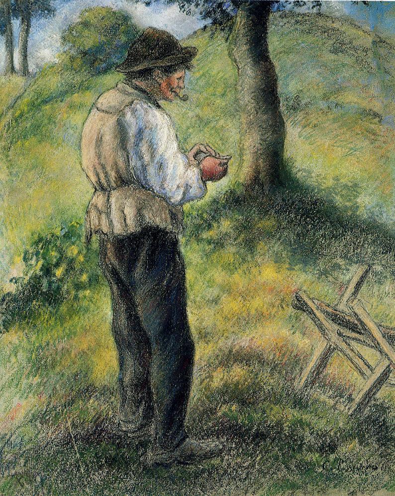 Father Melon Lighting his Pipe - Camille Pissarro Tablo