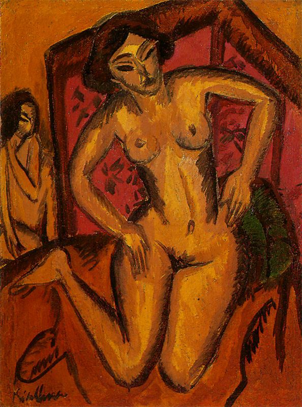 Female Nude Kneeling before a Red Screen (1912) - Ernst Ludwig Kirchner Tablo