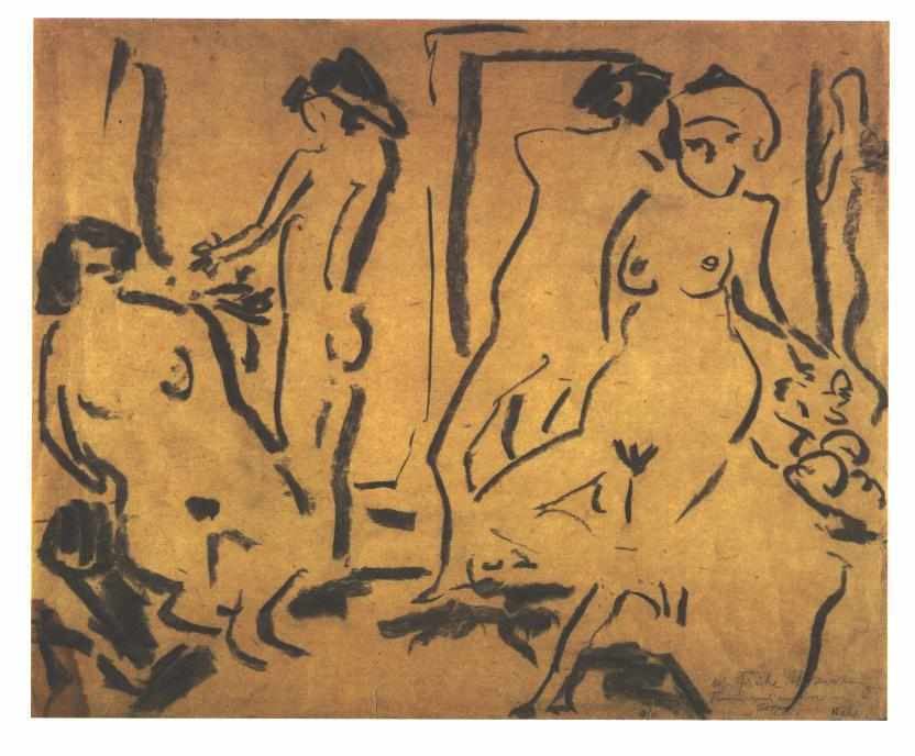 Female Nudes in an Atelier - Ernst Ludwig Kirchner Tablo