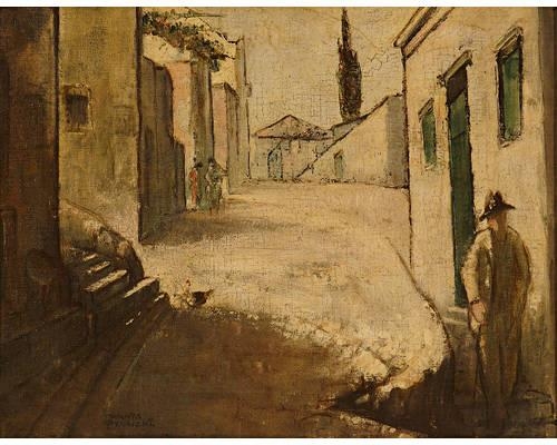 Figures on a street - Theophrastos Triantafyllidis Tablo
