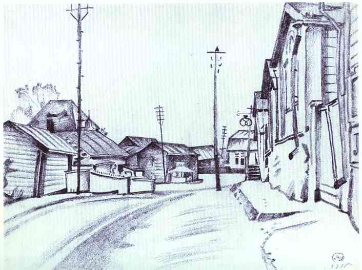 Finland. A Street in Lovisa. (1915) - Mstislav Dobuzhinsky Tablo