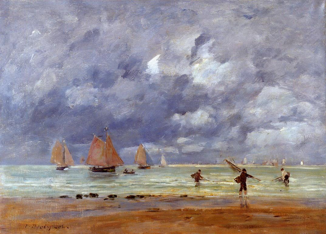 Fishermen and Sailboats near Trouville (1892) - Eugène Boudin Tablo