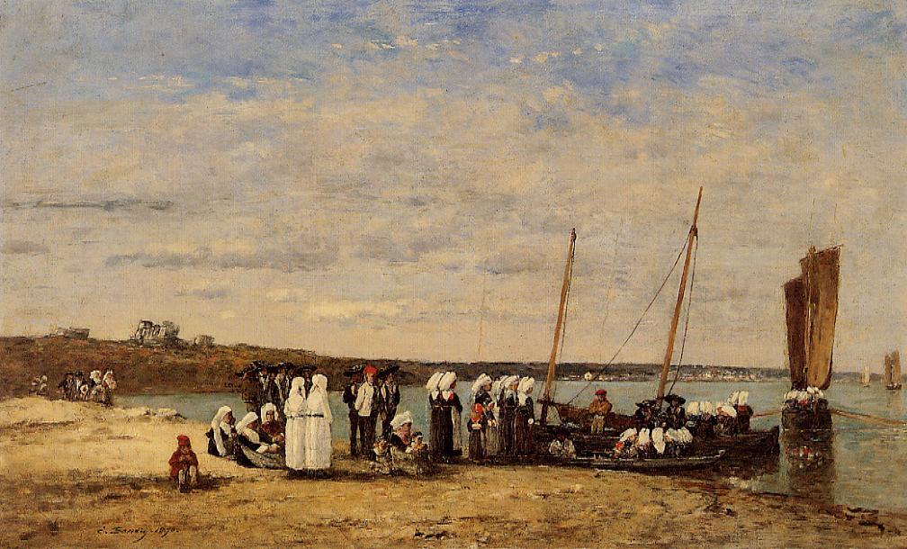 Fishermen of Kerhor Receiving a Blessing at Plougastel (1870) - Eugène Boudin Tablo