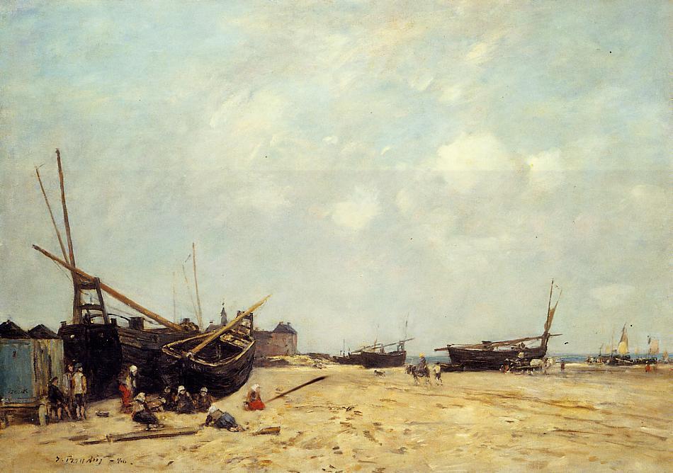 Fishing Boats Aground and at Sea (1880) - Eugène Boudin Tablo