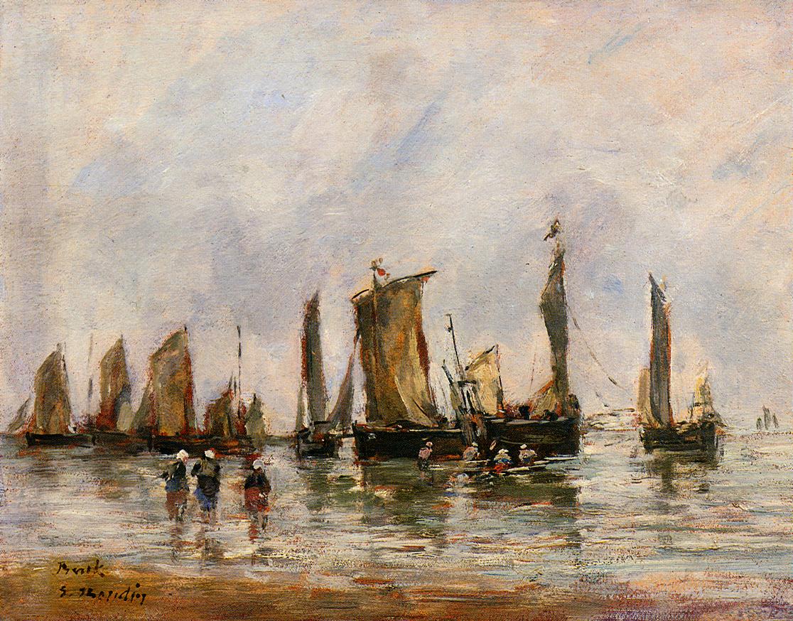 Fishing Boats at Berck (1878) - Eugène Boudin Tablo