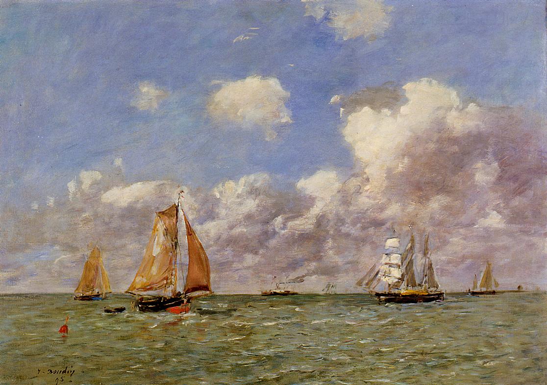 Fishing Boats at Sea (1895) - Eugène Boudin Tablo