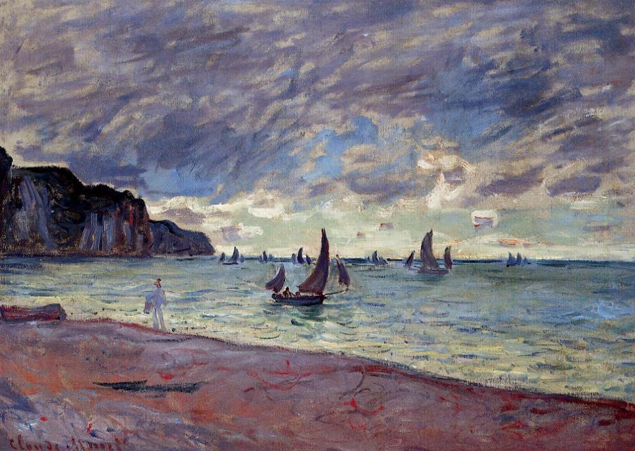 Fishing Boats by the Beach and the Cliffs of Pourville (1882) - Claude Monet Tablo