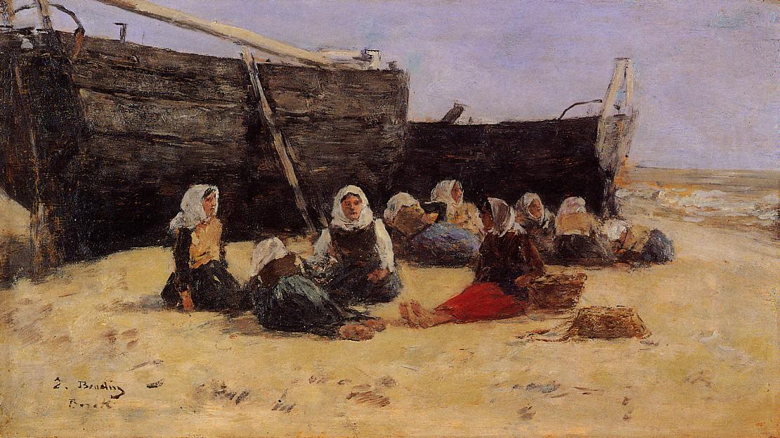 Fishwomen Seated on the Beach at Berck (1878) - Eugène Boudin Tablo