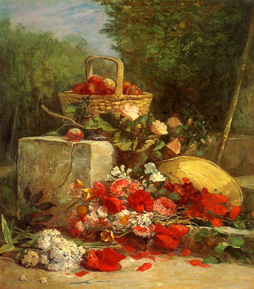 Flowers and Fruit in a Garden (1869) - Eugène Boudin Tablo