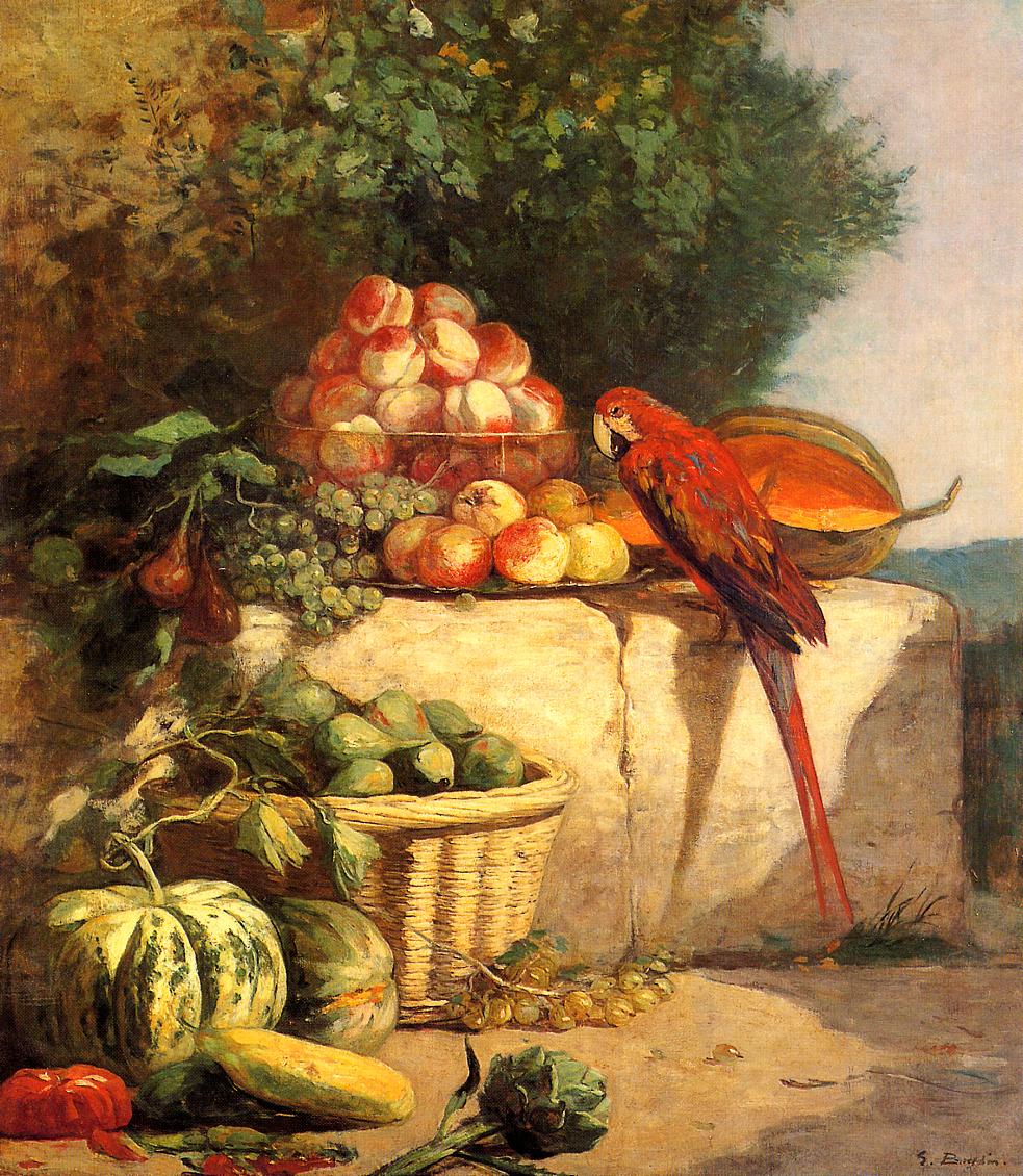 Fruit and Vegetables with a Parrot (1869) - Eugène Boudin Tablo