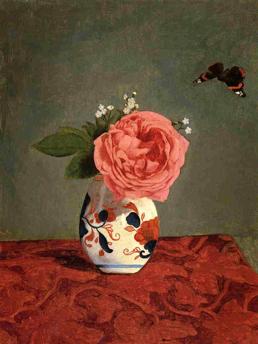 Garden Rose and Blue Forget Me Nots in a Vase (1871) - Gustave Caillebotte Tablo