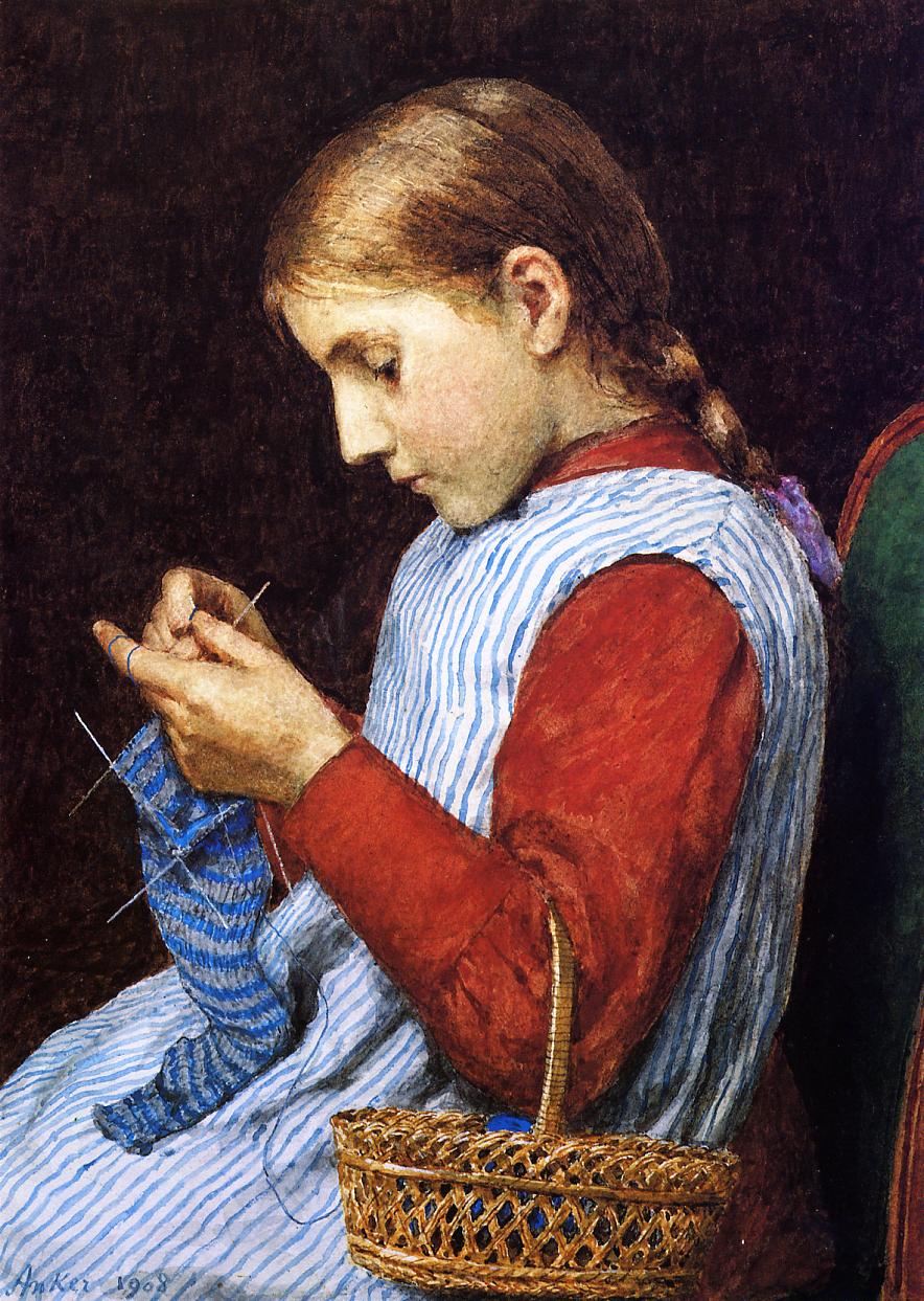 Girl Knitting - Julian Alden Weir Tablo