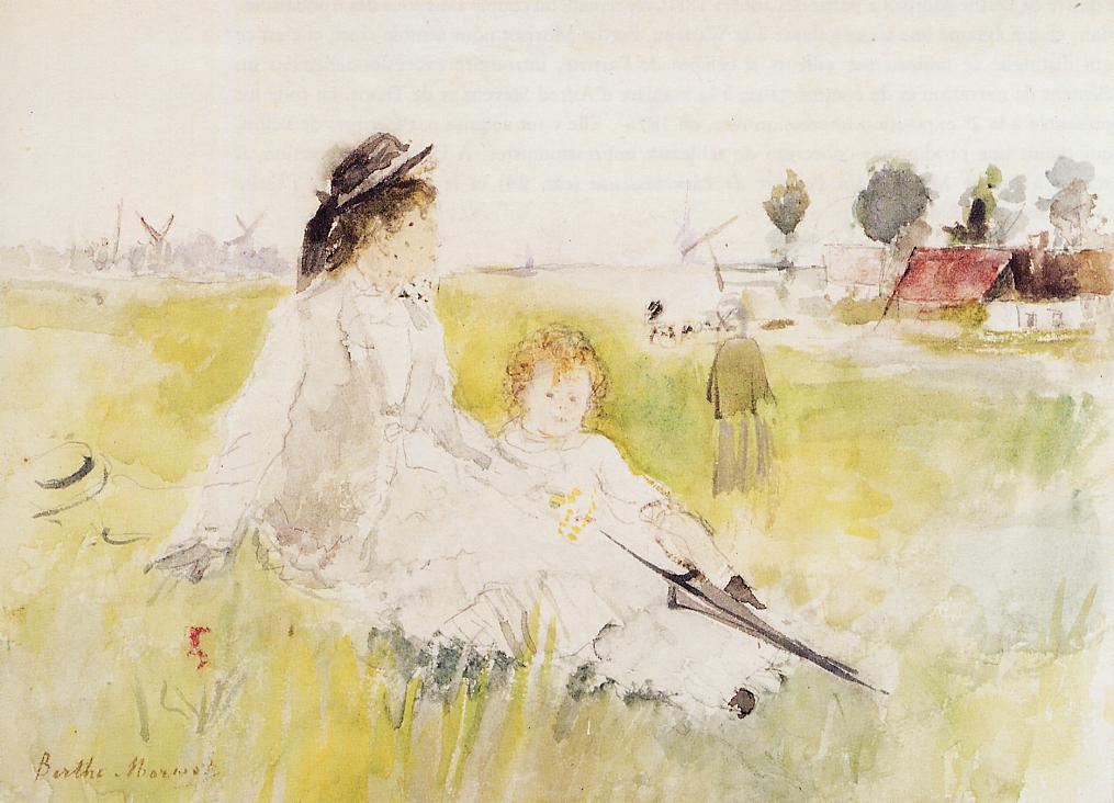 Girl and Child on the Grass (1875) - Berthe Morisot Tablo
