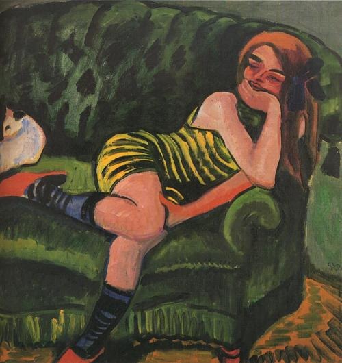 Girl on a Green Sofa with a Cat (1910) - Max Pechstein Tablo
