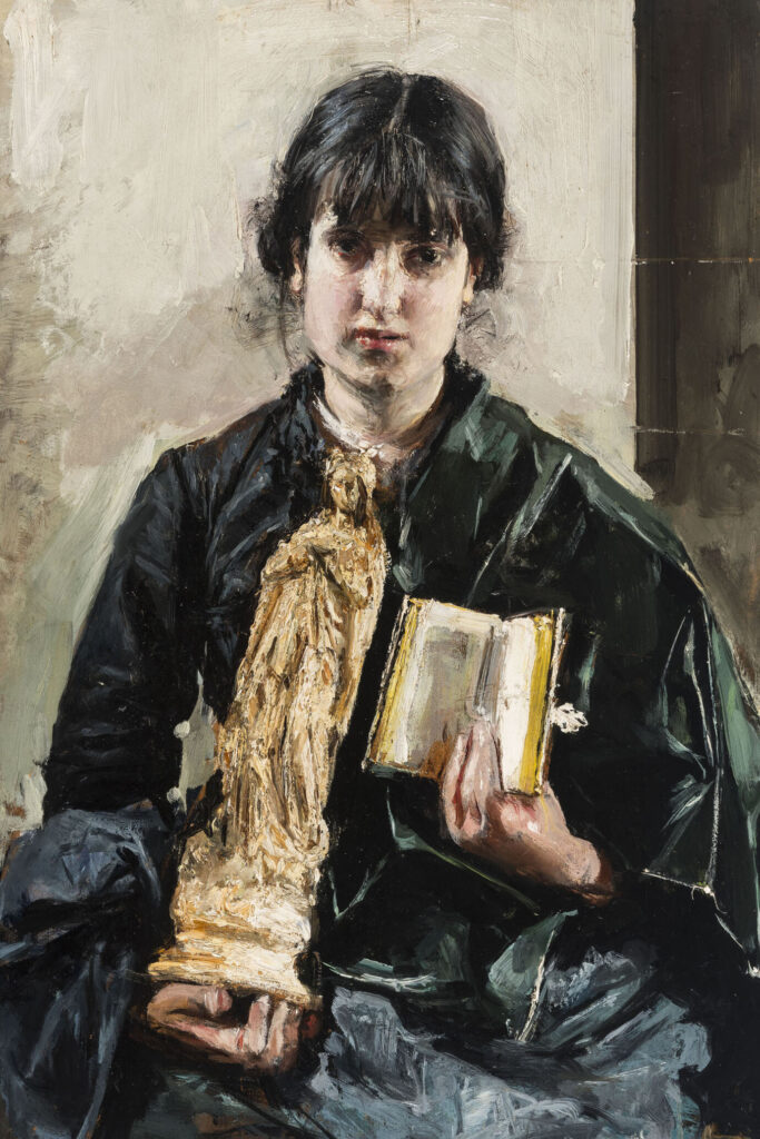 Girl with book and statuette of the Virgin (1878) - Antonio Mancini Tablo