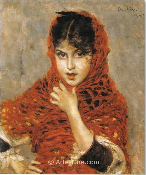 Girl with the red shawl (1883) - Giovanni Boldini Tablo