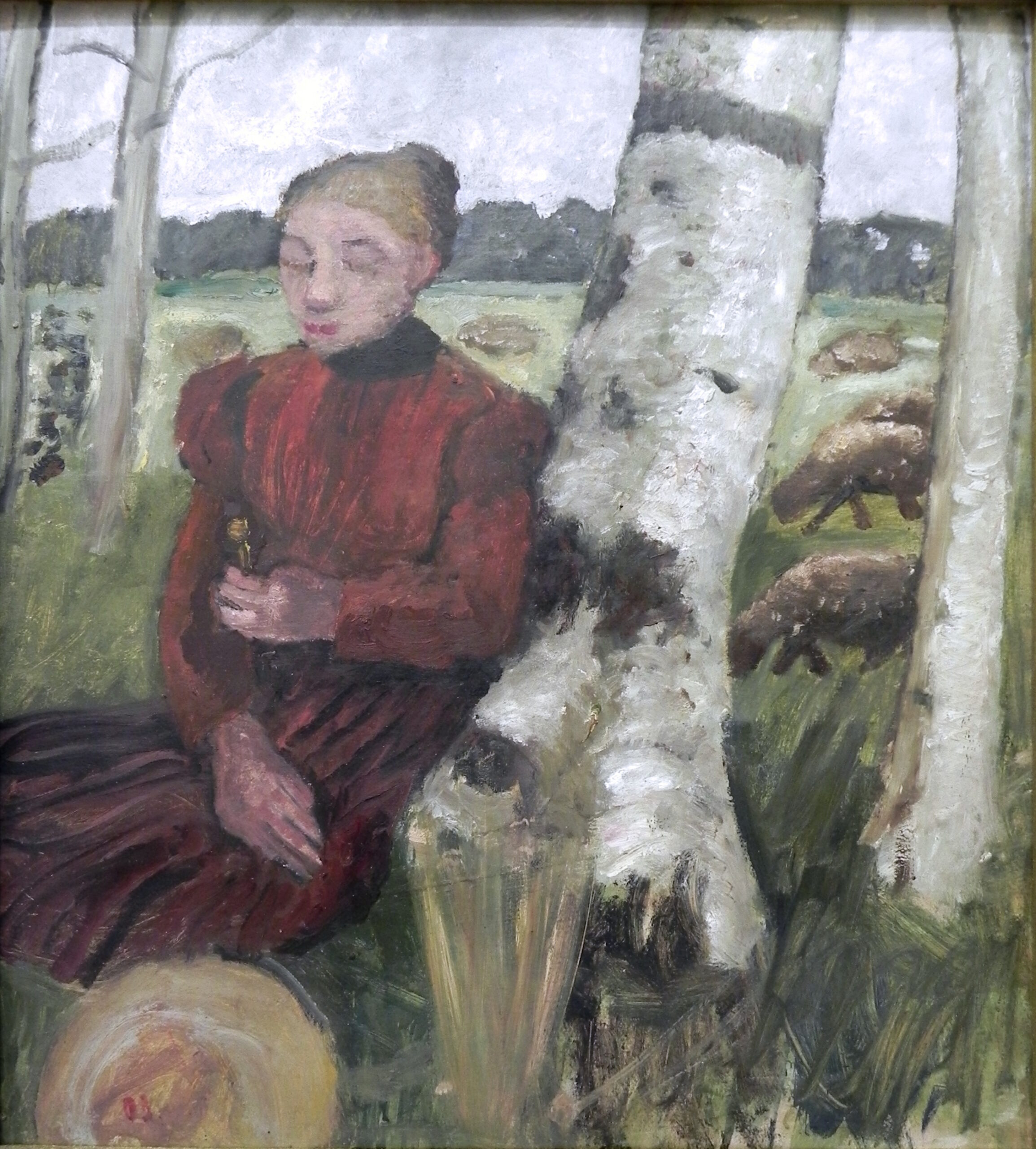 Girls at the birch tree and flock of sheep in the background (1903) - Paula Modersohn-Becker Tablo