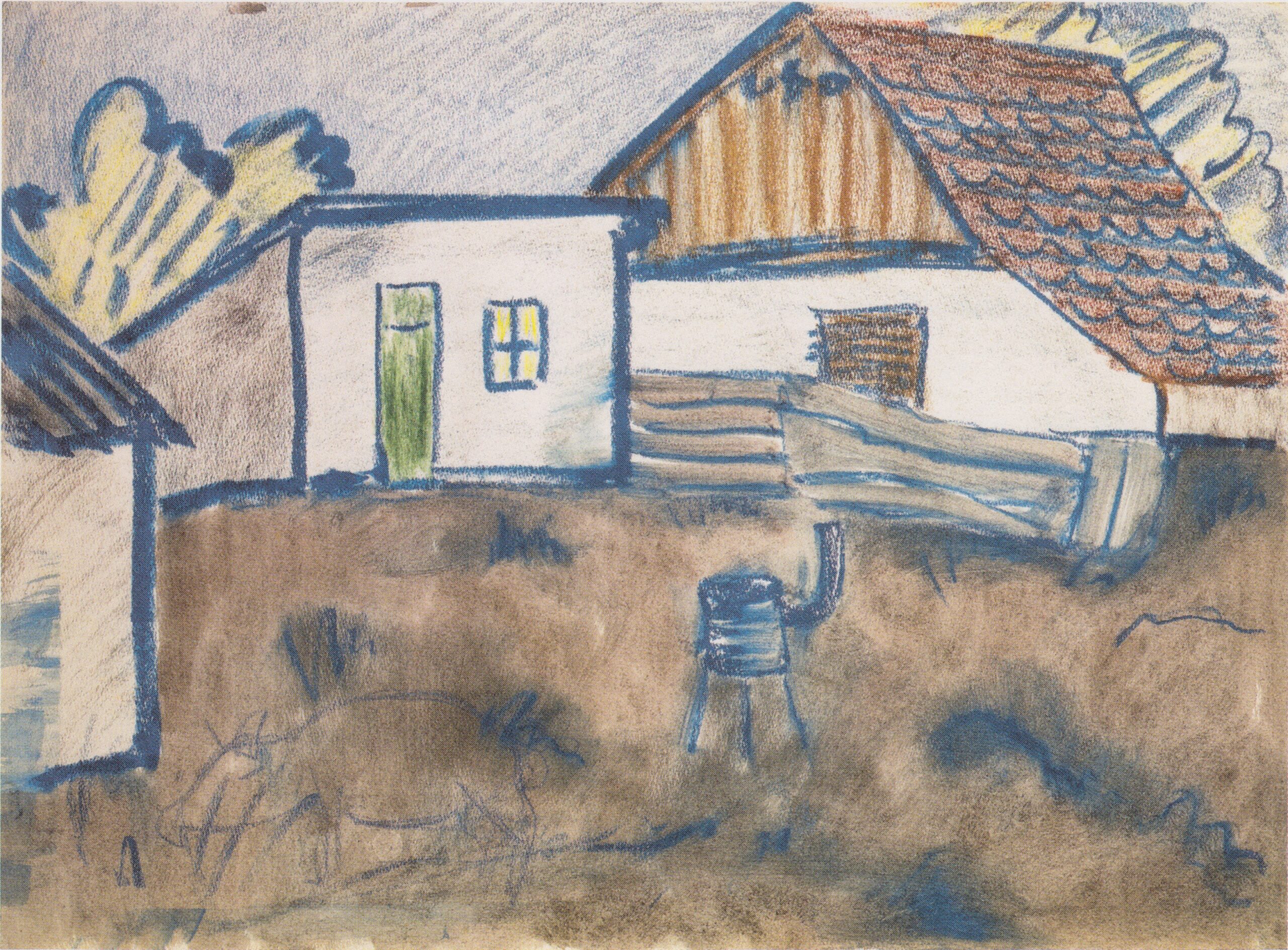 Häuser Mit Ofen Und Schwein (1928) - Otto Mueller Tablo