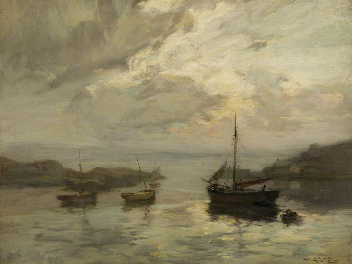 Harbour Scene with Fishing Boats - James Campbell Noble Tablo
