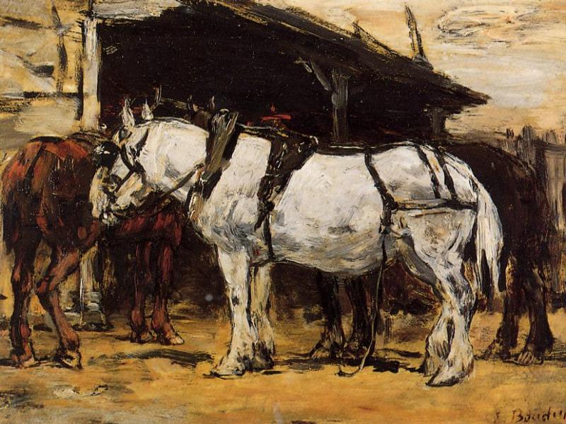 Harnessed Horses (1890) - Eugène Boudin Tablo