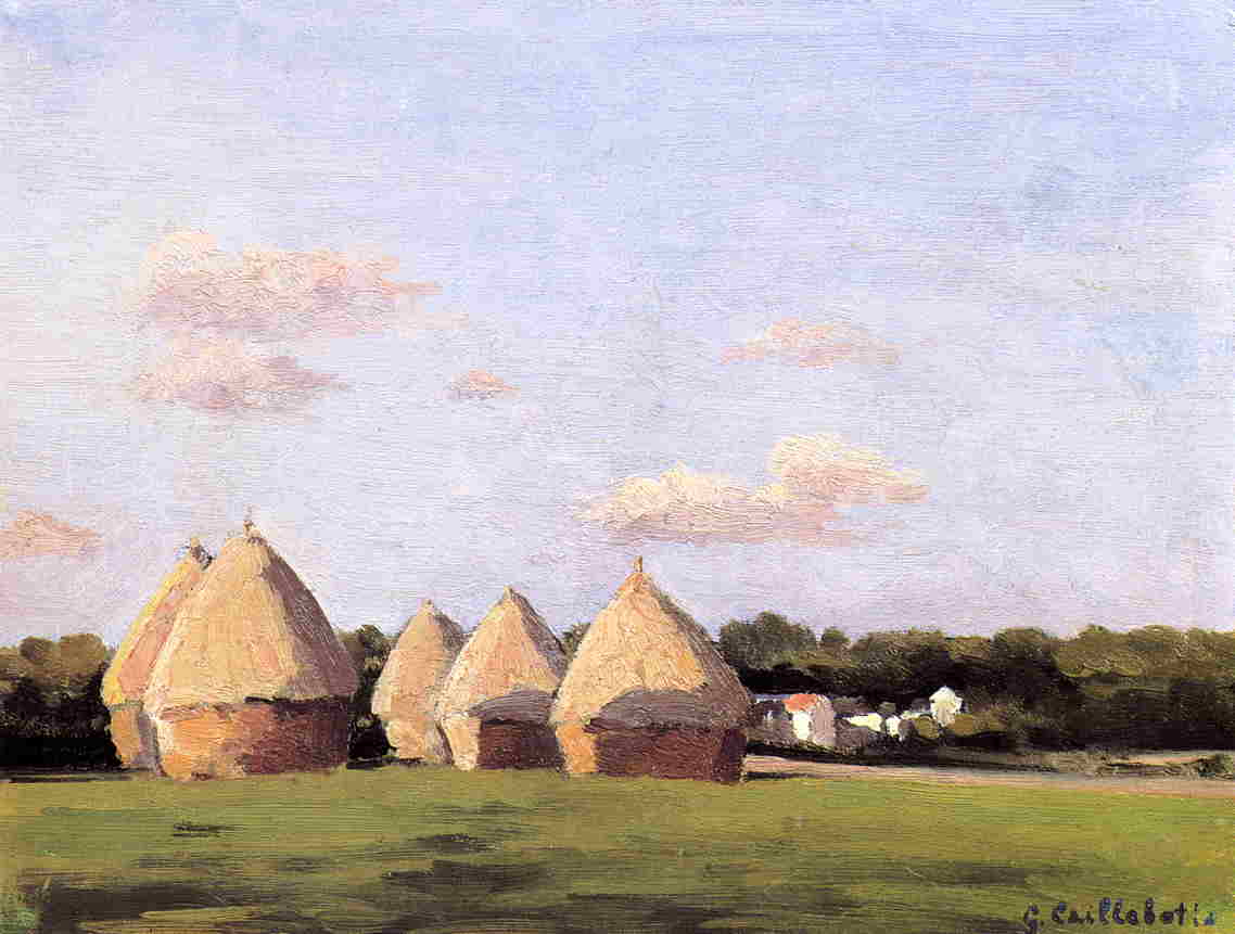 Harvest, Landscape with Five Haystacks (1874) - Gustave Caillebotte Tablo