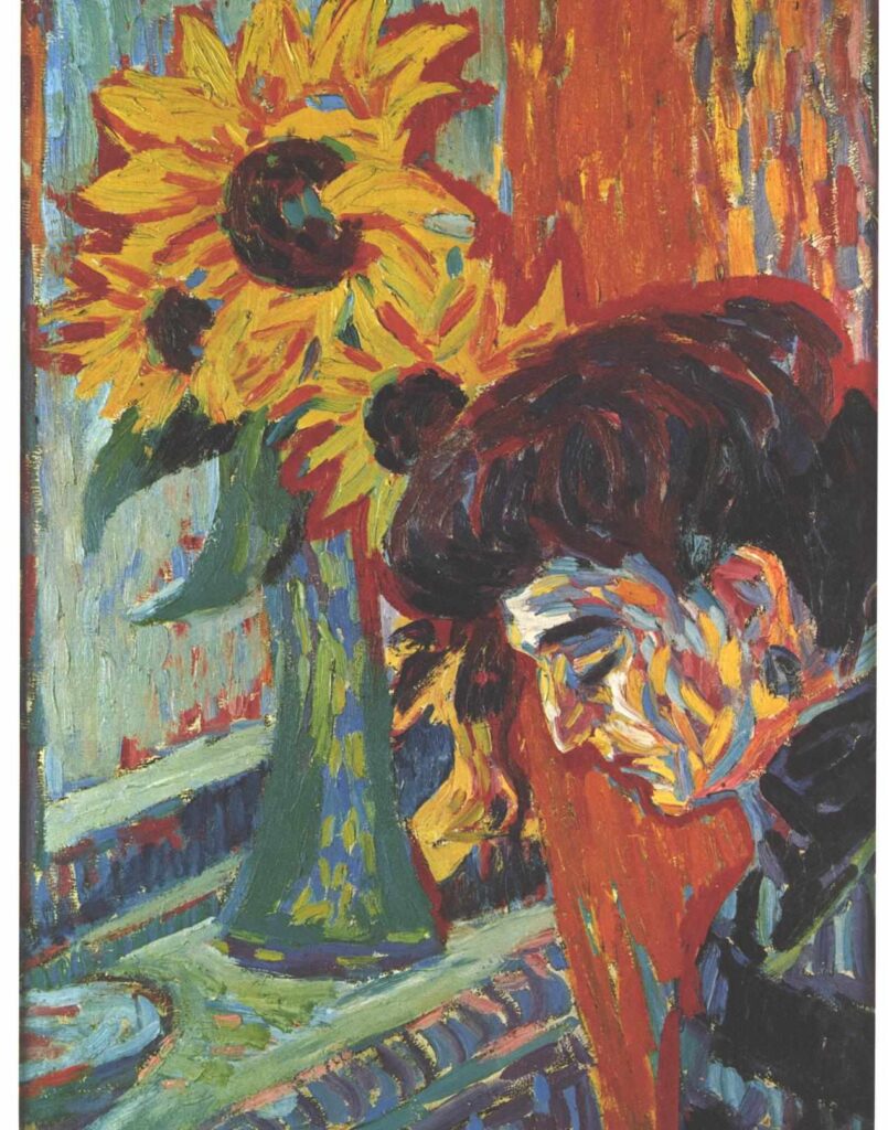 Head of a Woman in Front of Sunflowers - Ernst Ludwig Kirchner Tablo