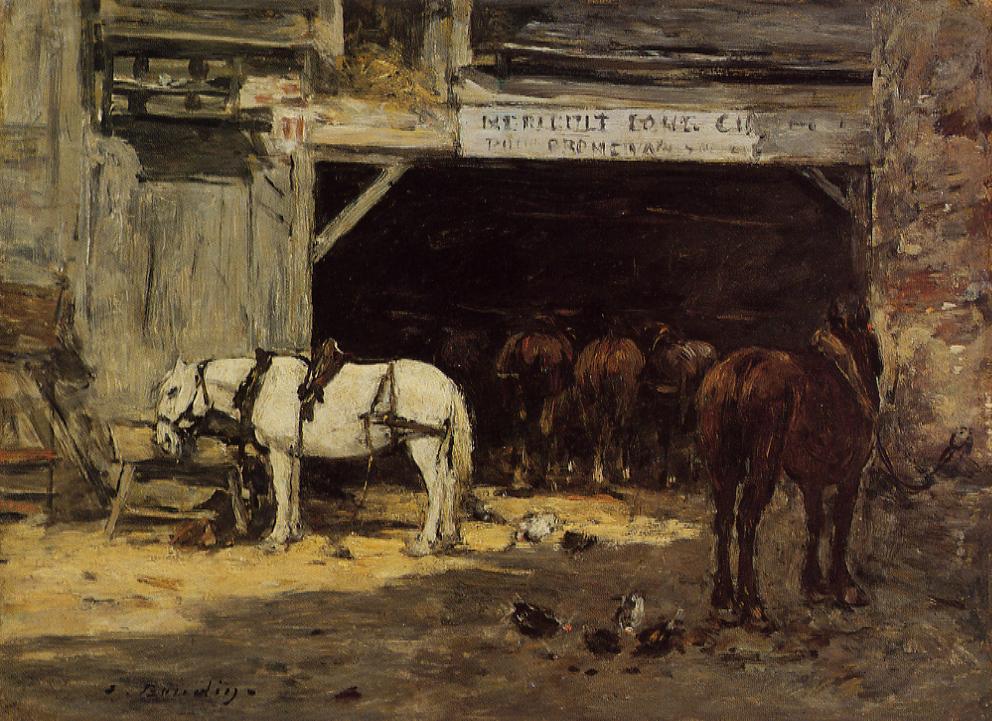 Horses for Hire in a Yard (1887) - Eugène Boudin Tablo