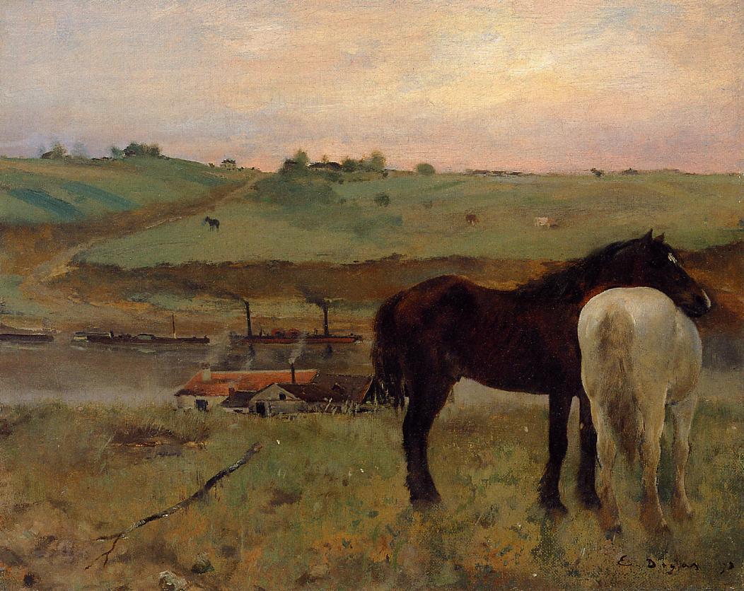 Horses in a Meadow (1871) - Edgar Degas Tablo