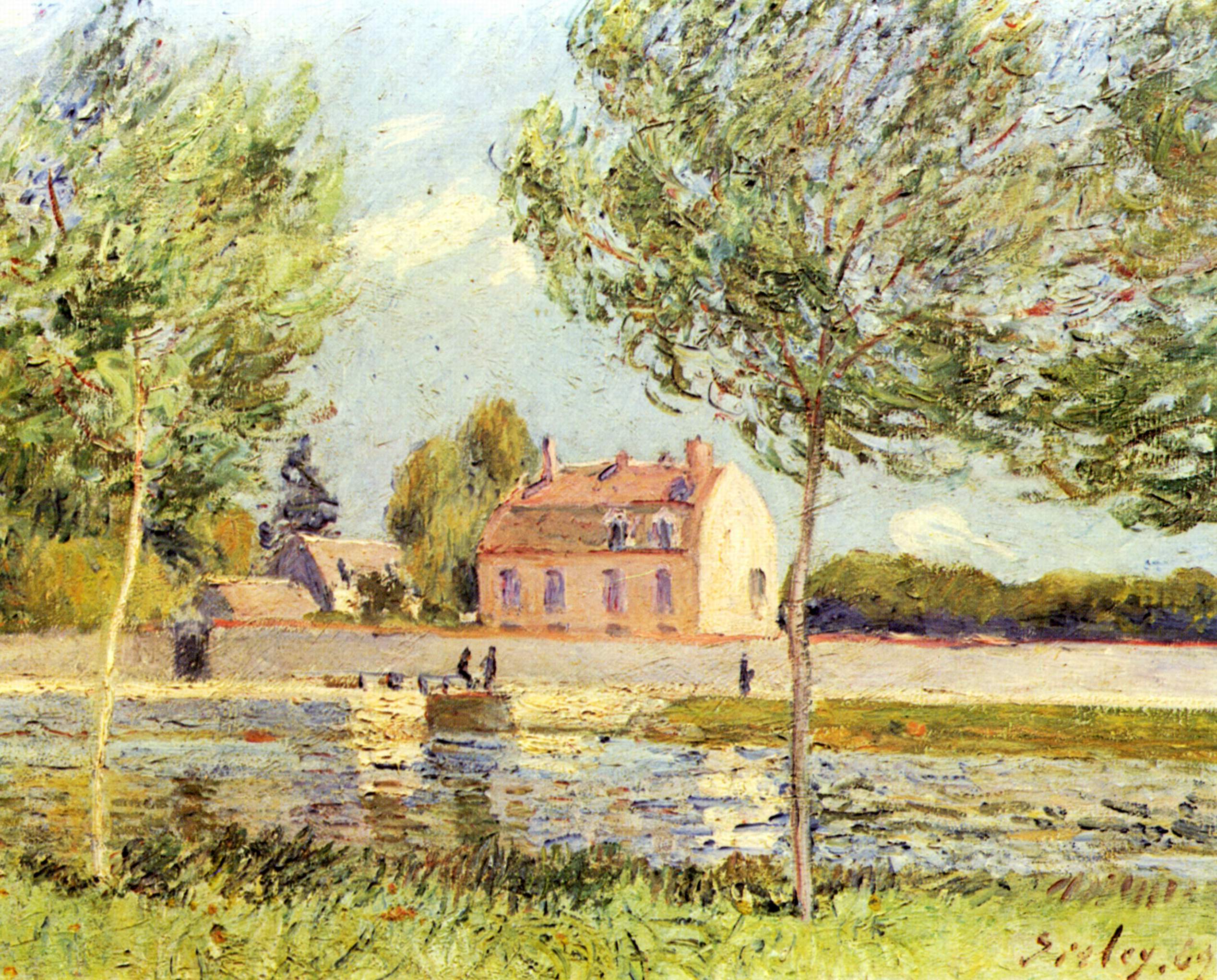 Houses on the banks of the Loing (1889) - Alfred Sisley Tablo