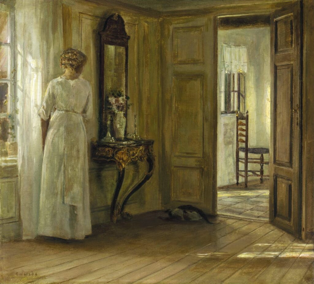 Interior with a Lady and a Cat - Carl Holsøe Tablo