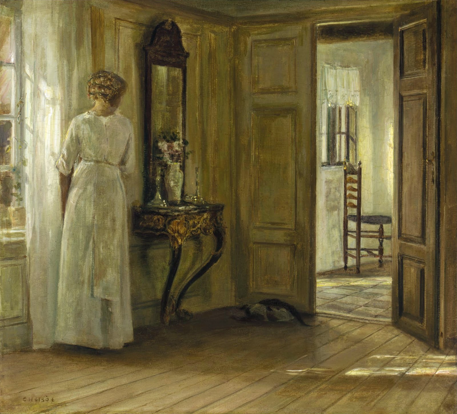 Interior with a Lady and a Cat - Carl Holsøe Tablo