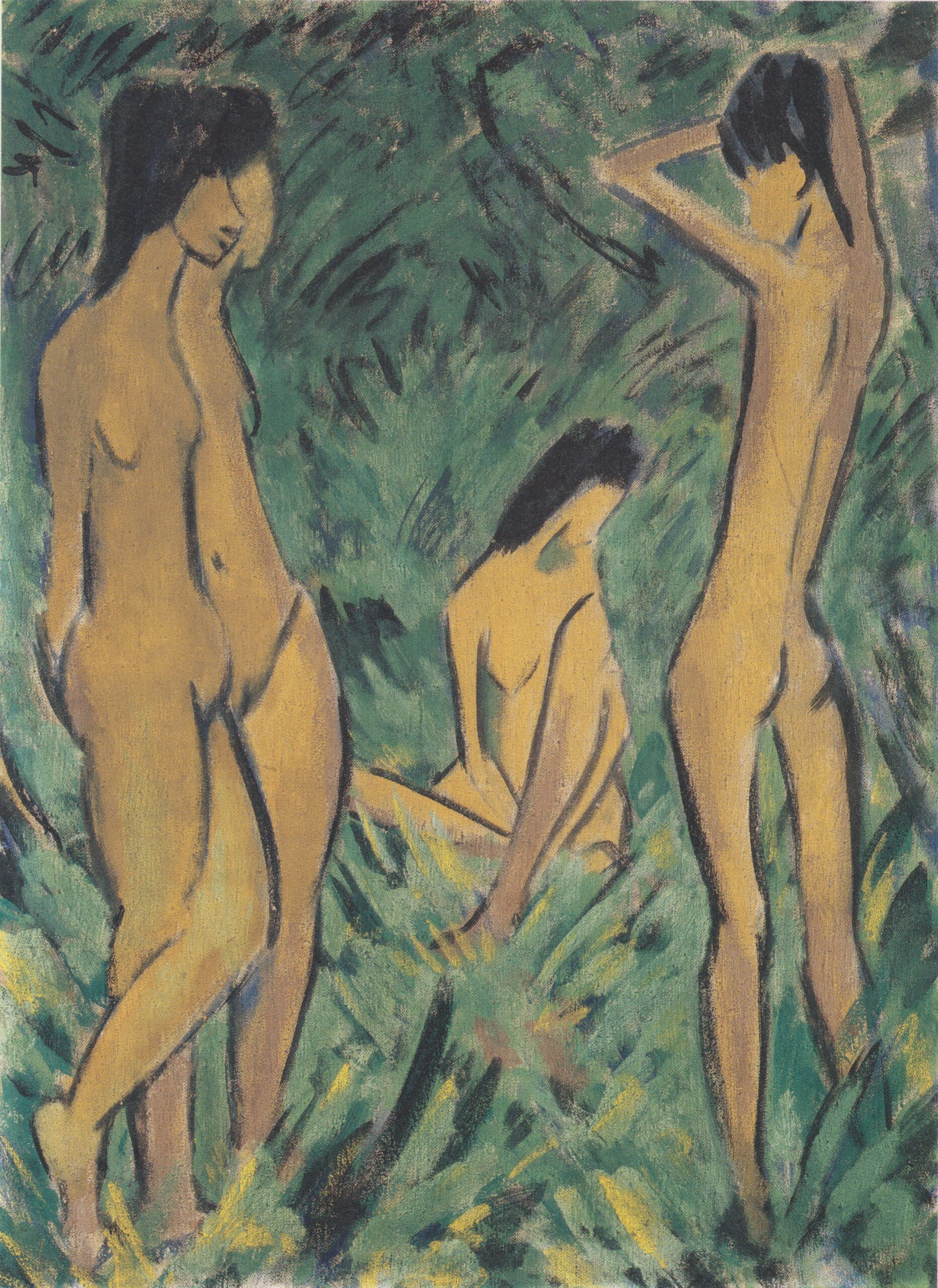 Knabe Vor Zwei Stehenden Und Einem Sitzenden Mädchen (1918) - Otto Mueller Tablo