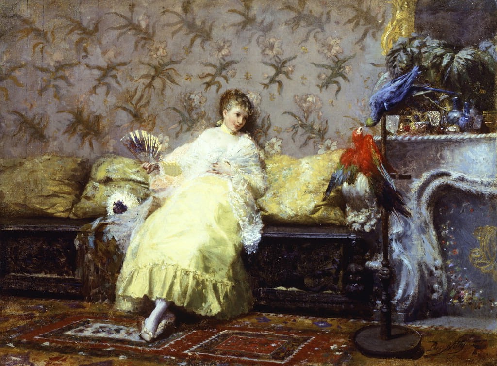 Lady with parrots (1869) - Giuseppe De Nittis Tablo