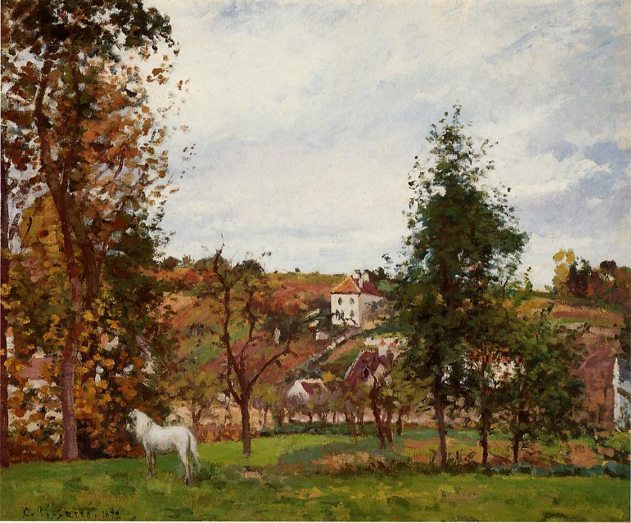 Landscape With A White Horse In A Field, L'Ermitage (1872) - Camille Pissarro Tablo