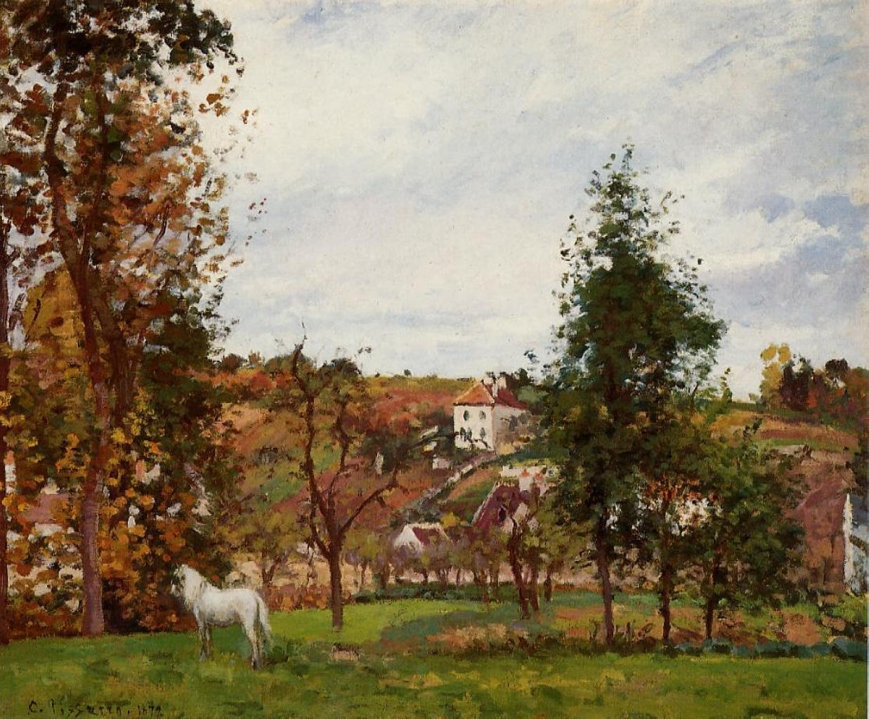 Landscape with a White Horse in a Meadow, L'Hermitage - Camille Pissarro Tablo