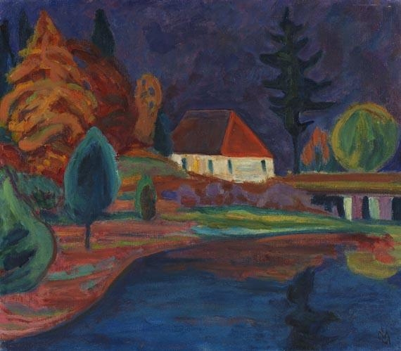 Landschaft mit Haus in Oberau (1908) - Gabriele Münter Tablo