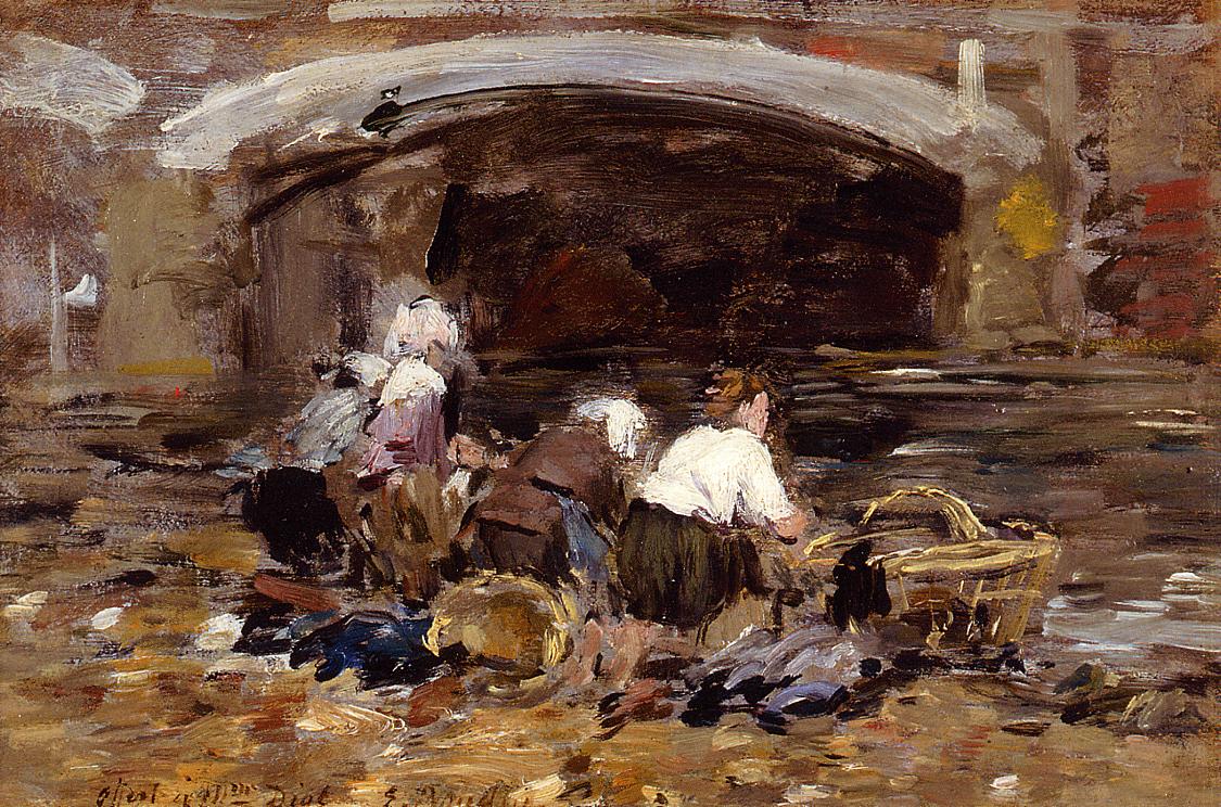 Laundresses near a Bridge (1887) - Eugène Boudin Tablo