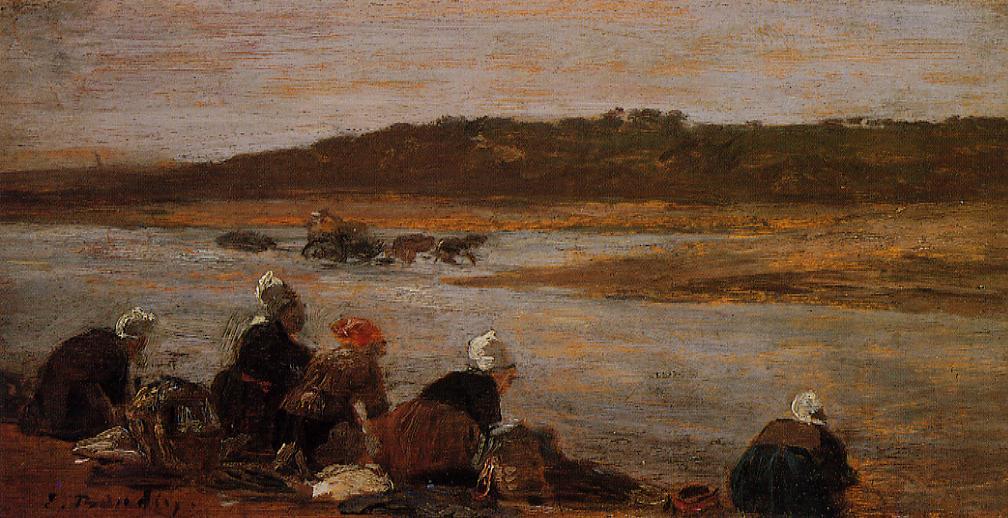 Laundresses on the Banks of the Touques (The Effect of Fog) (1885) - Eugène Boudin Tablo
