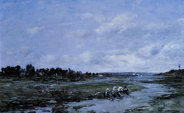 Laundresses on the Banks of the river (1873) - Eugène Boudin Tablo