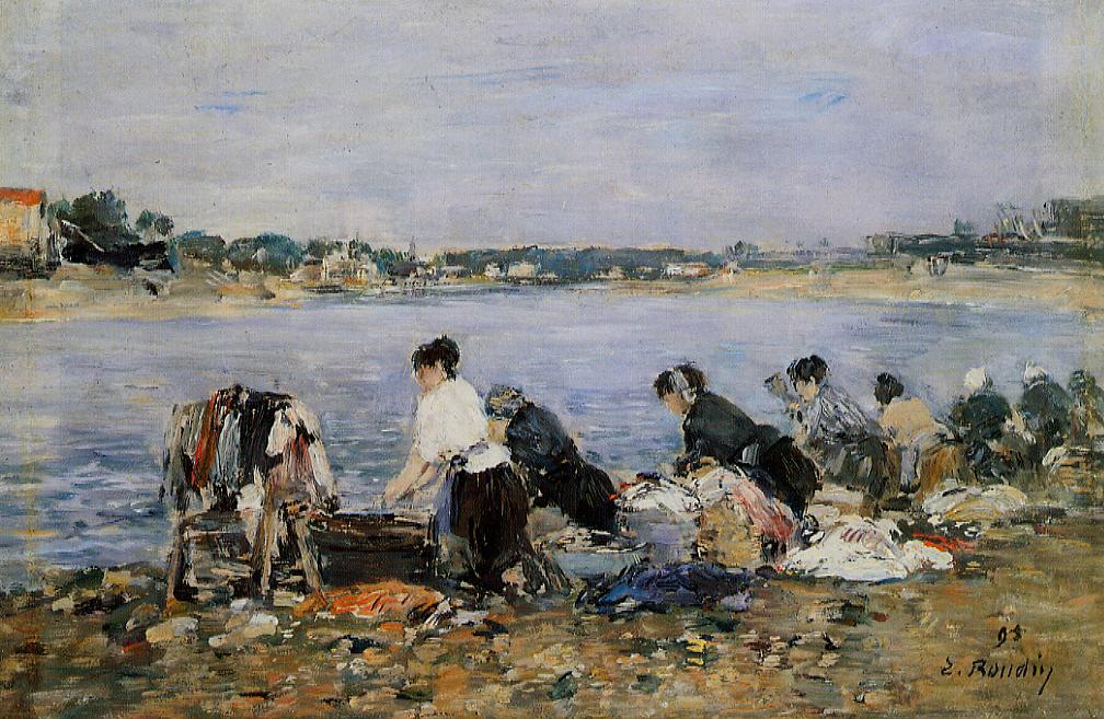 Laundresses on the banks of Touques (1884) - Eugène Boudin Tablo