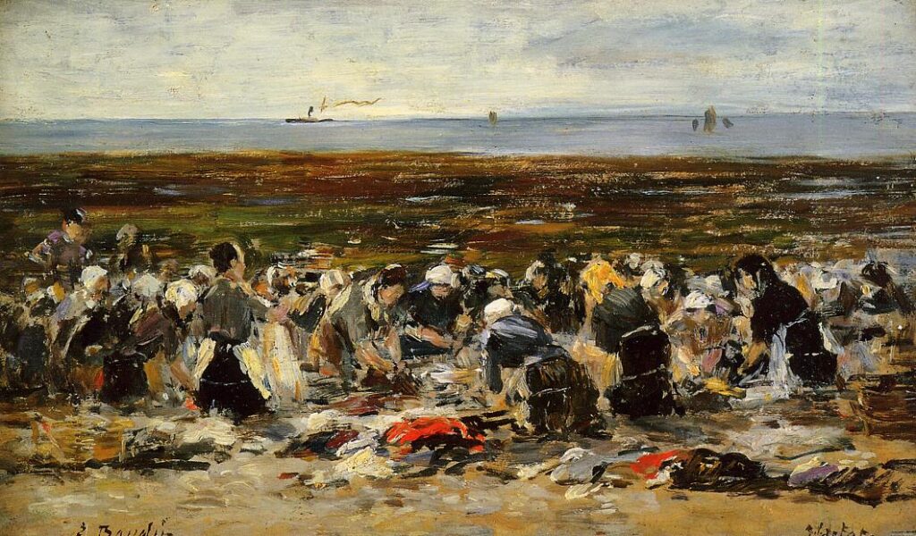 Laundresses on the beach, Low tide (1893) – Eugène Boudin Tablo