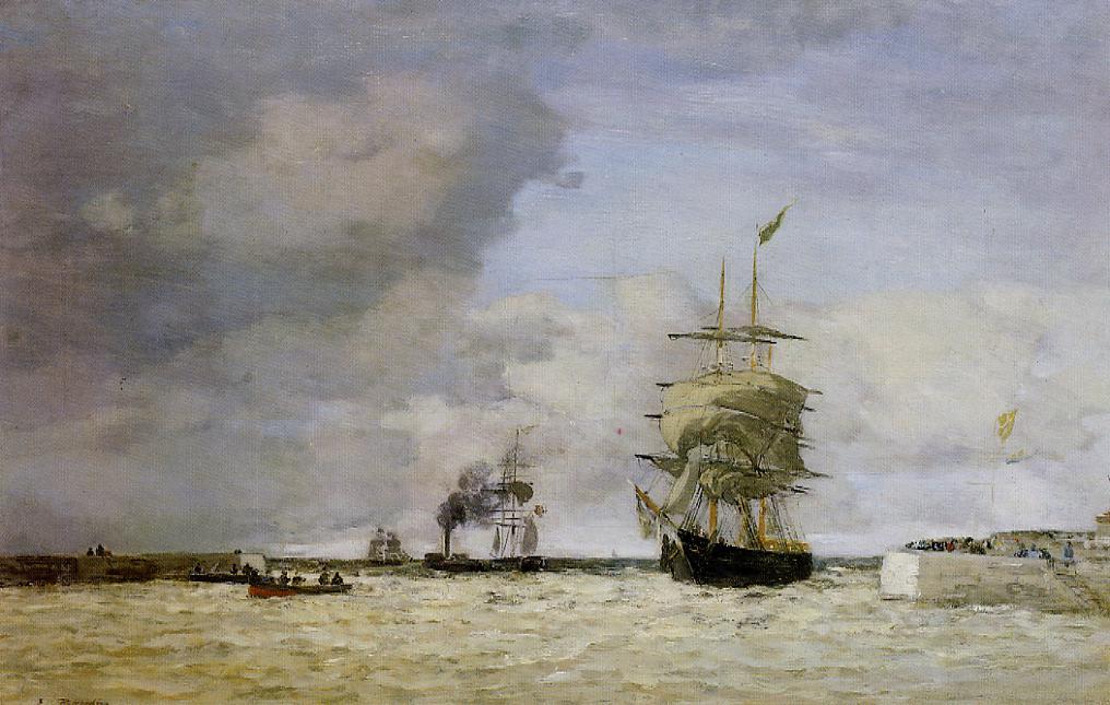 Le Havre. Entrance to the Port. (1864) - Eugène Boudin Tablo