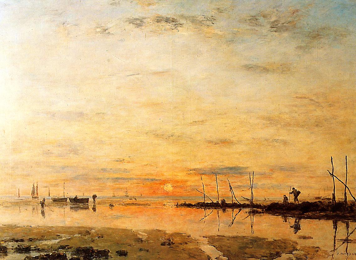 Le Havre. Sunset at Low Tide. (1884) - Eugène Boudin Tablo