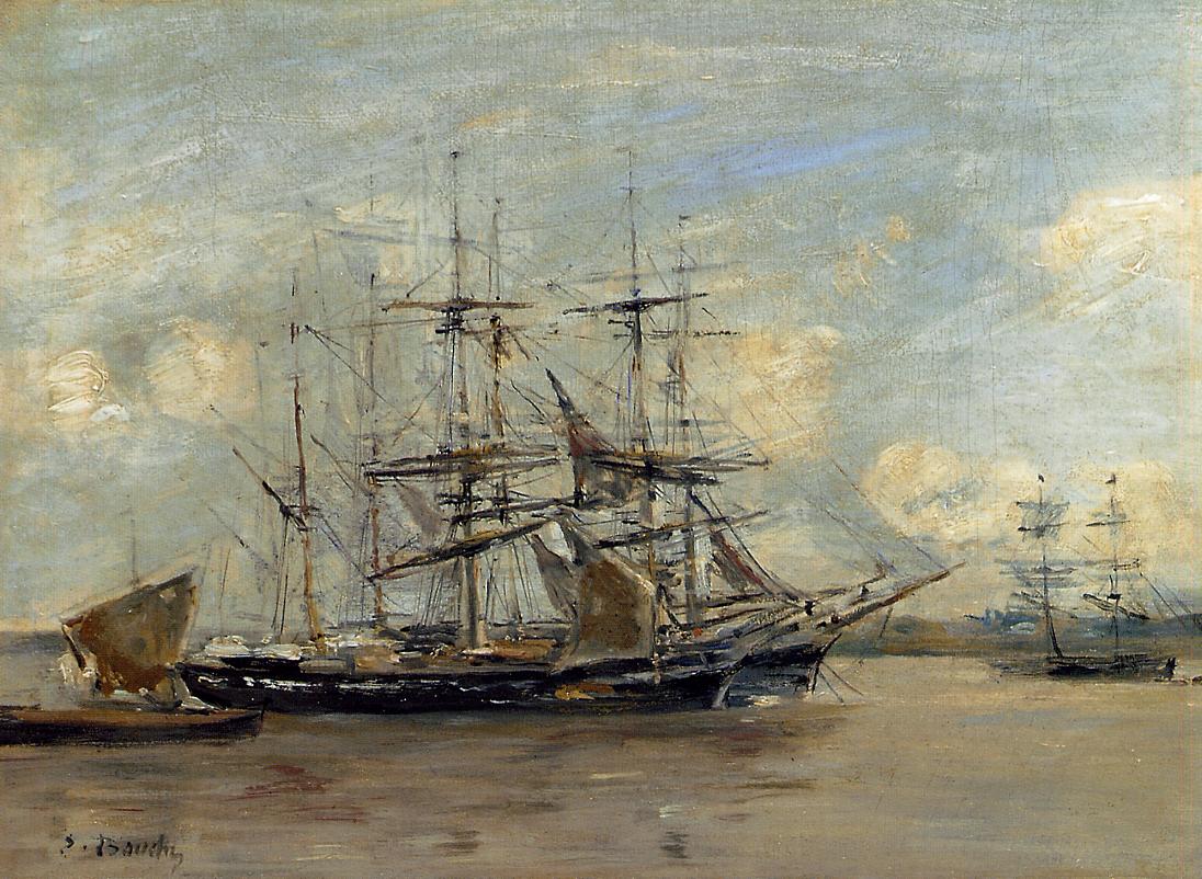 Le Havre, Three Master at Anchor in the Harbor (1879) - Eugène Boudin Tablo